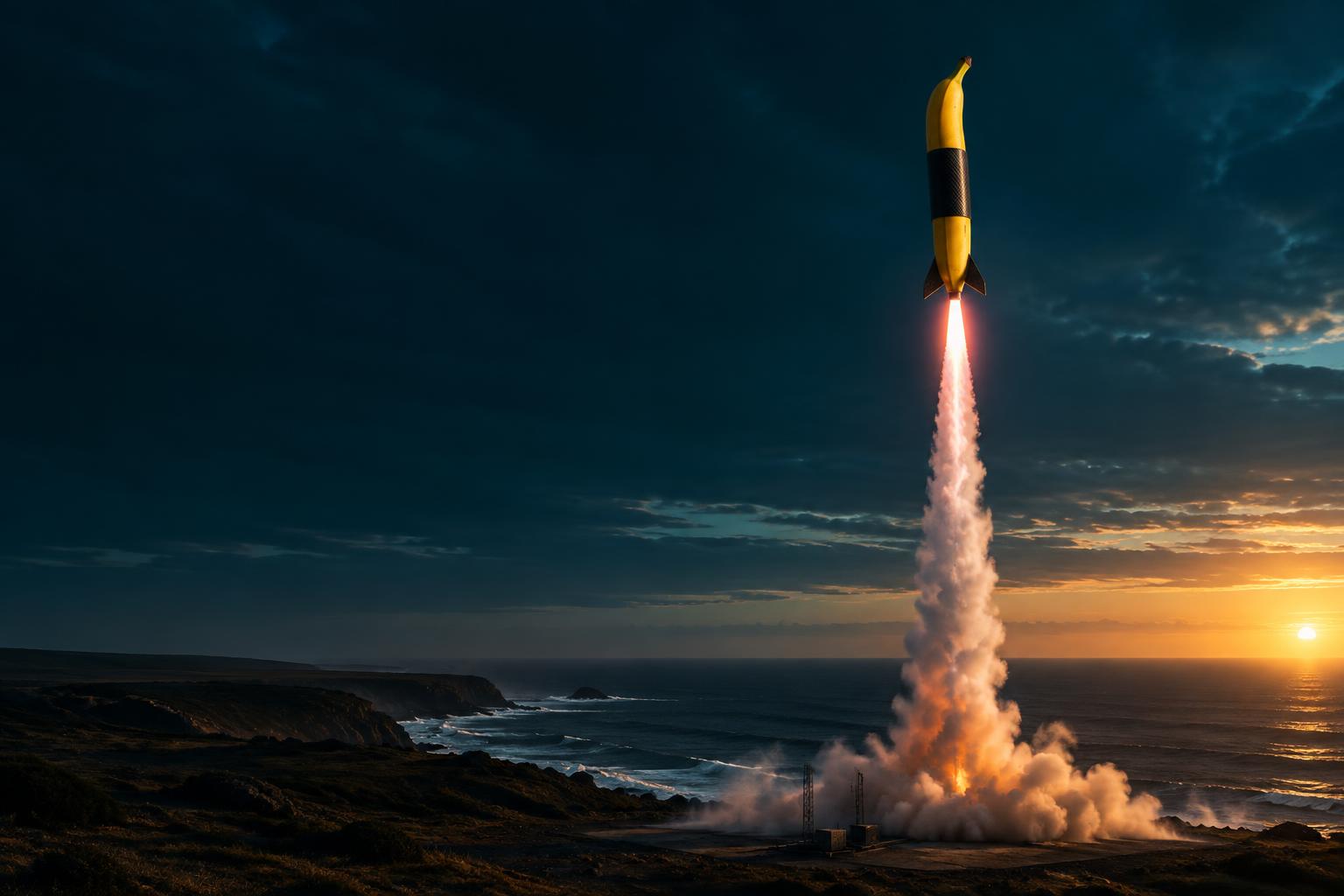 Een experimentele raketbanaan stijgt op boven een kustlandschap